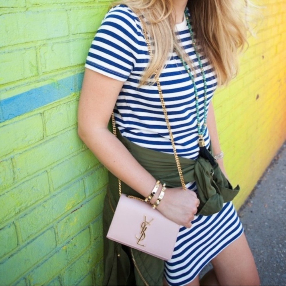 Lou & Grey Navy White Striped Short Sleeve linen blend T Shirt Dress size small - Picture 11 of 11